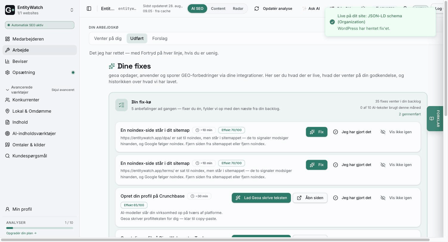 Arbejdskøen i Geoa — fundne fixes med effekt-score og Fortryd på hver linje