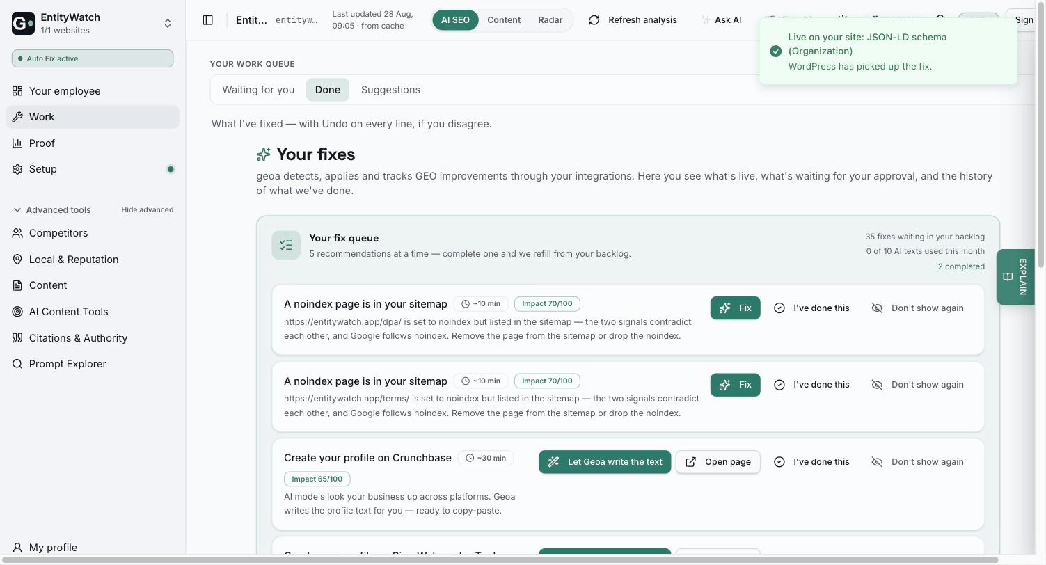 The work queue in Geoa — detected fixes with impact score and Undo on every line