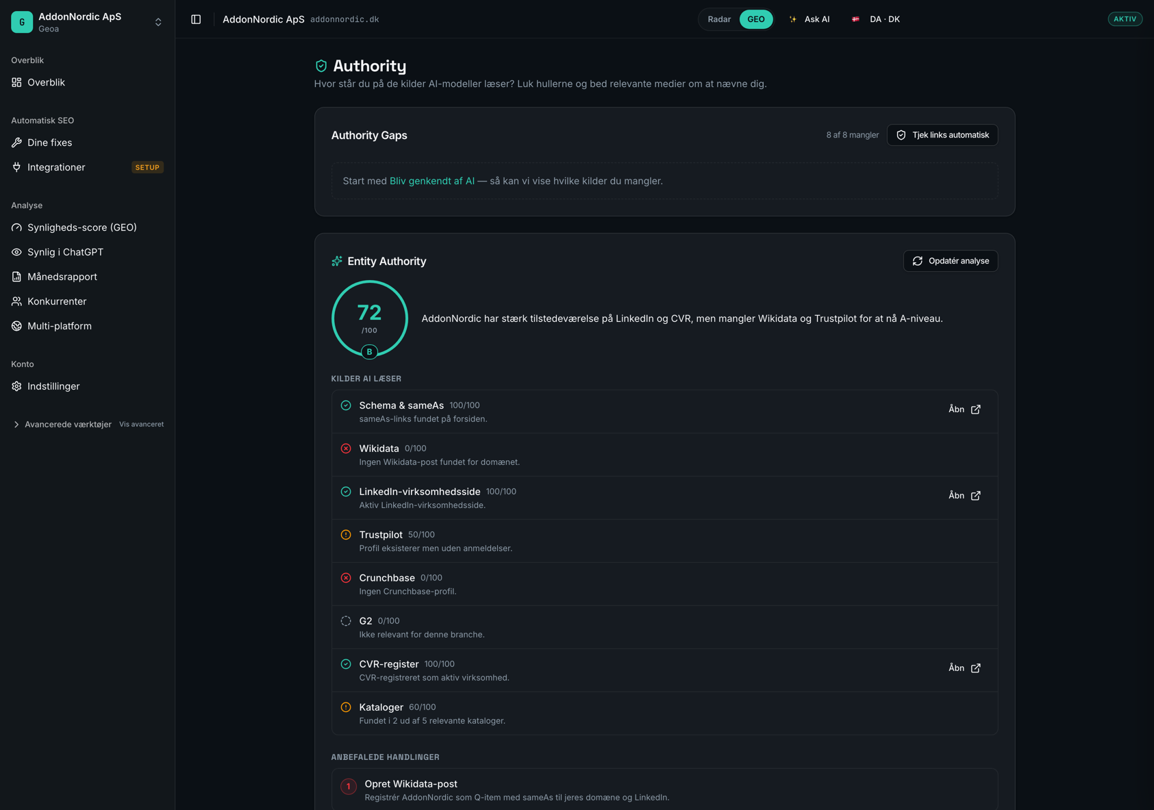 Authority i Geoa — Entity Authority-score og de kilder AI-modellerne læser: Wikidata, LinkedIn, Trustpilot, Crunchbase og CVR