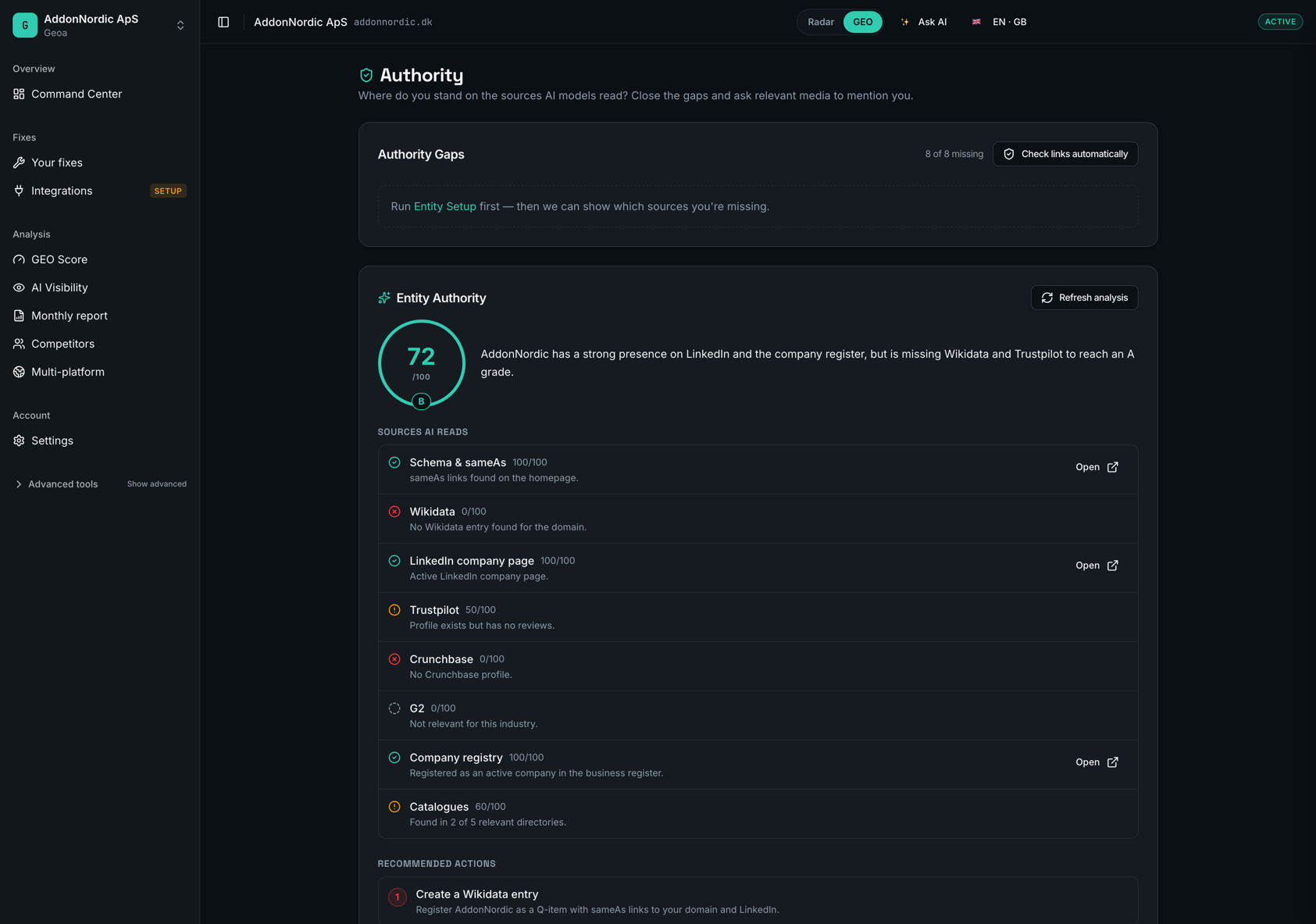 Authority in Geoa — Entity Authority score and the sources the AI models draw on: Wikidata, LinkedIn, Trustpilot, Crunchbase and CVR