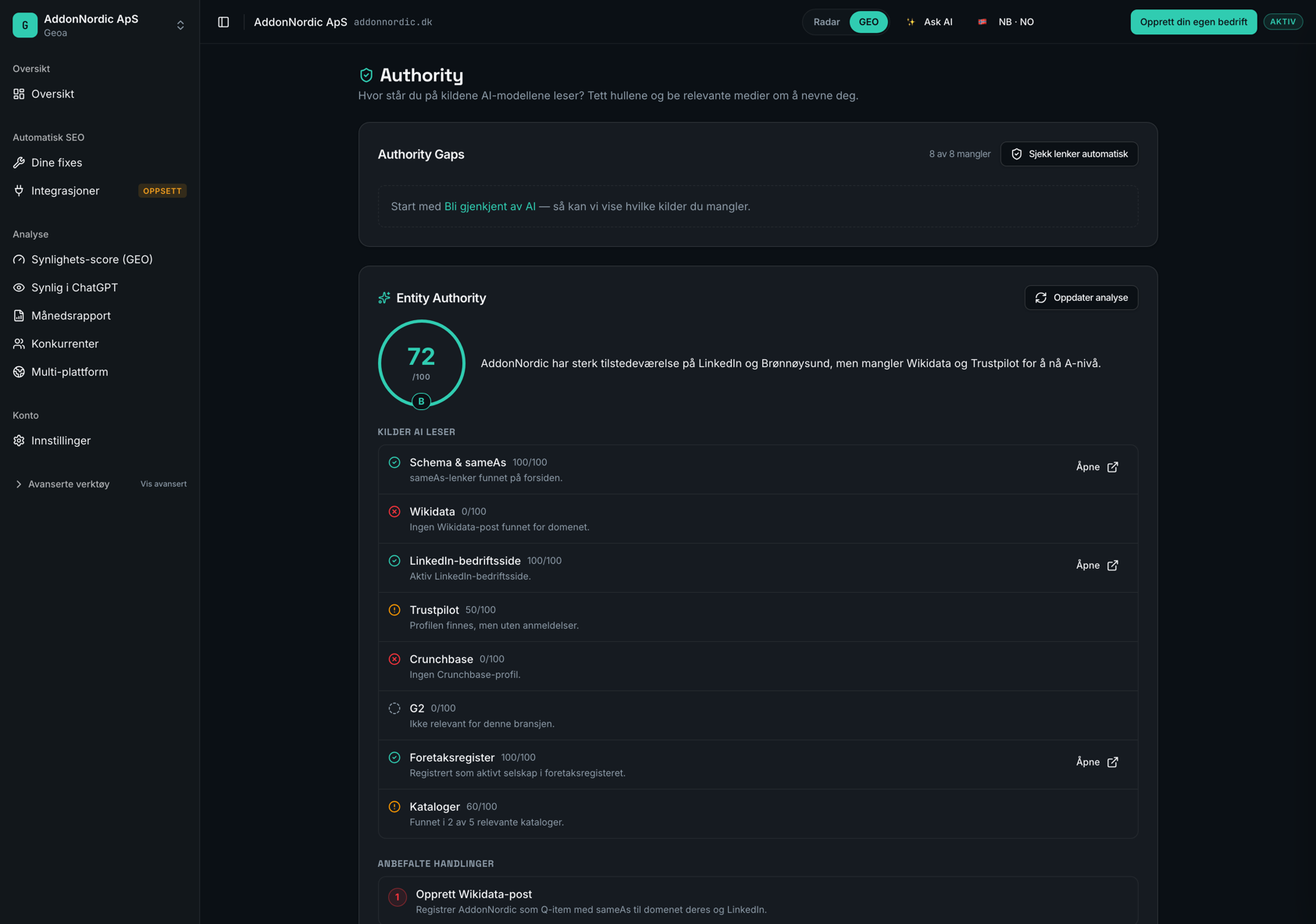 Authority i Geoa — Entity Authority-score og kildene AI-modellene leser: Wikidata, LinkedIn, Trustpilot, Crunchbase og CVR