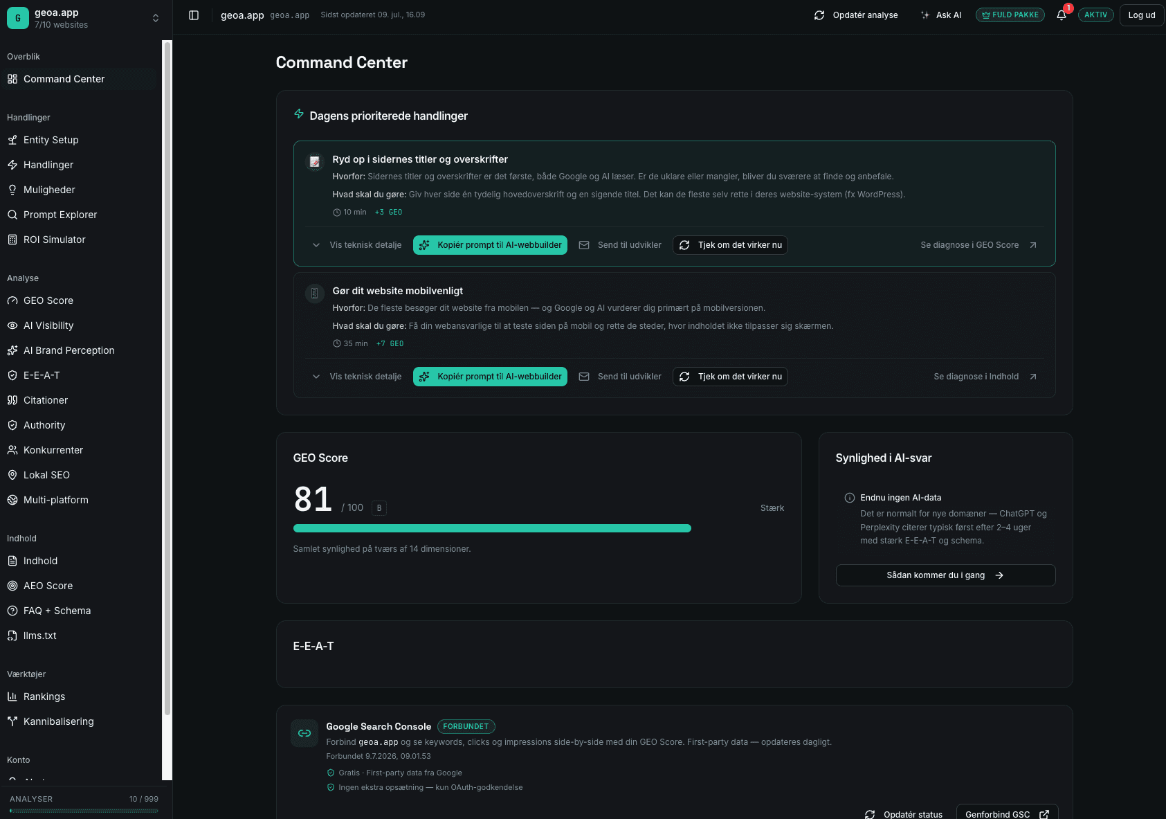 Geoa Command Center — dashboard with GEO Score and today's prioritised actions
