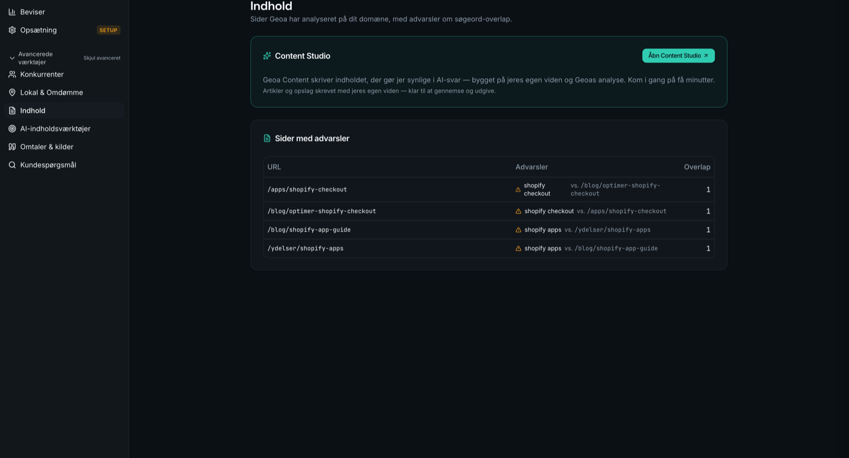 Content-fladen i Geoa — keyword-overlap-advarsler og Content Studio