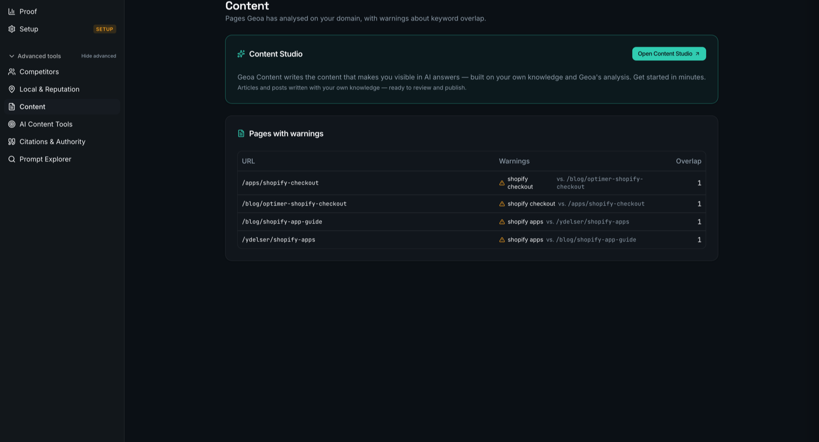 The Content surface in Geoa — keyword-overlap warnings and Content Studio