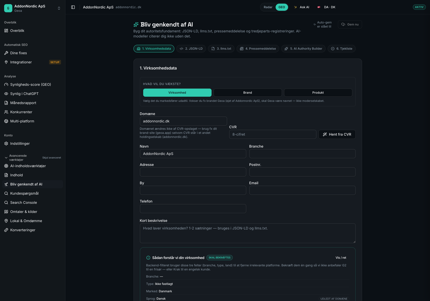 Bliv genkendt af AI i Geoa — virksomhedsdata, JSON-LD, llms.txt og pressemeddelelse
