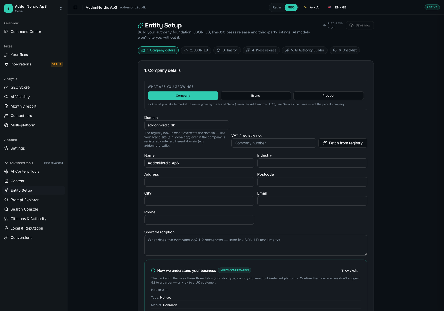Entity Setup in Geoa — company data, JSON-LD, llms.txt and press release