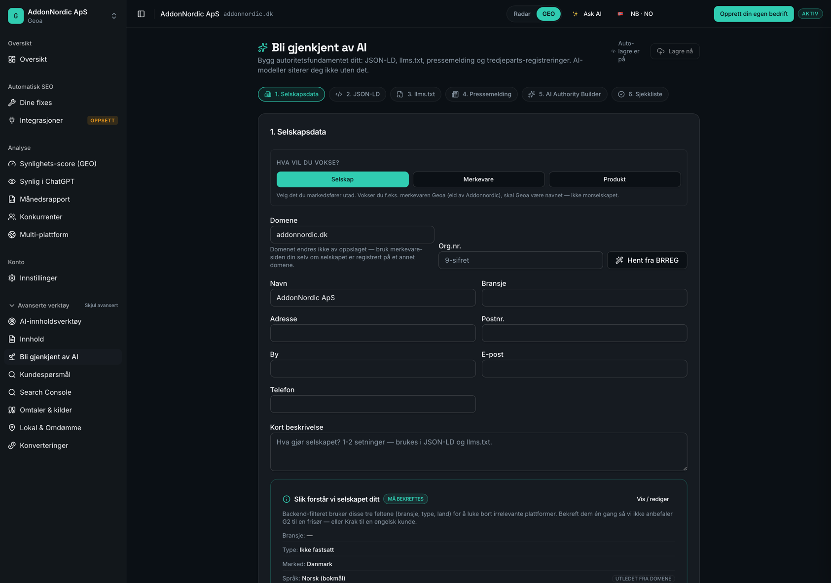 Bli gjenkjent av AI i Geoa — bedriftsdata, JSON-LD, llms.txt og pressemelding