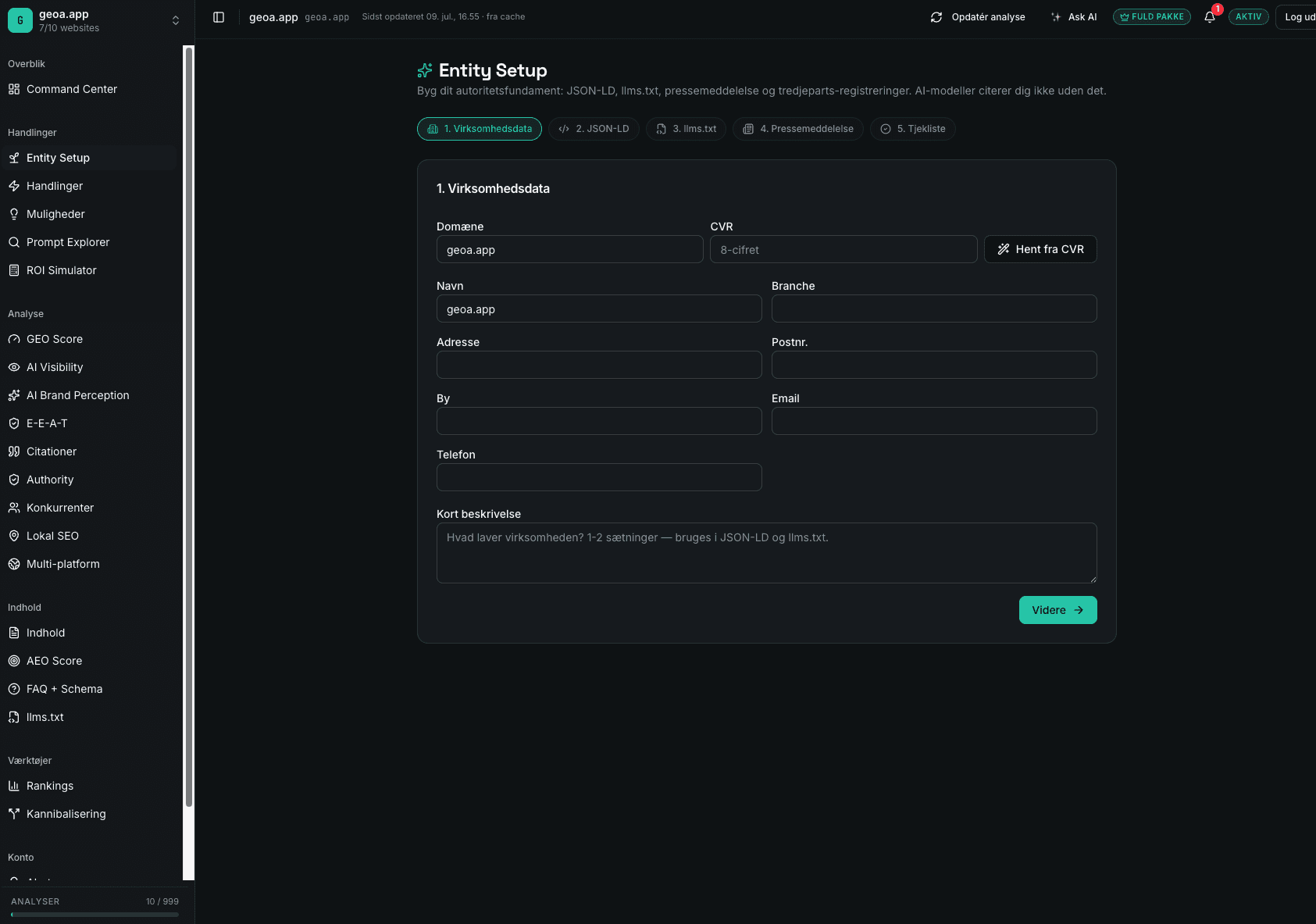 Entity Setup i Geoa — bedriftsdata, JSON-LD og llms.txt
