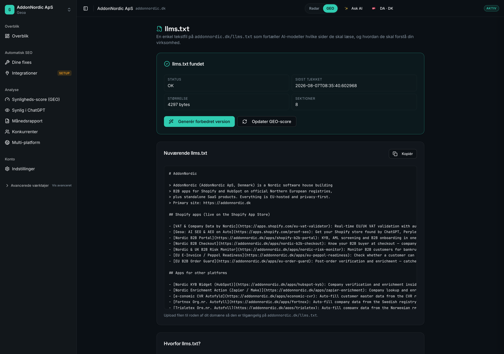llms.txt i Geoa — status på filen, dens indhold og knap til at generere en forbedret version
