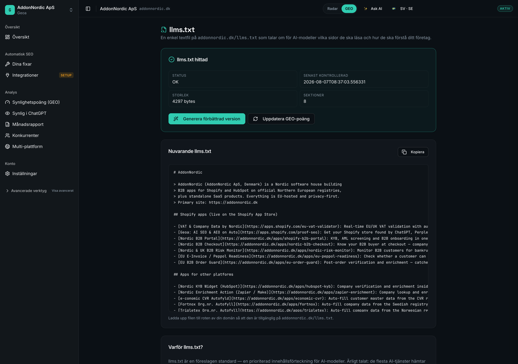 llms.txt i Geoa — filens status, dess innehåll och en knapp för att generera en förbättrad version