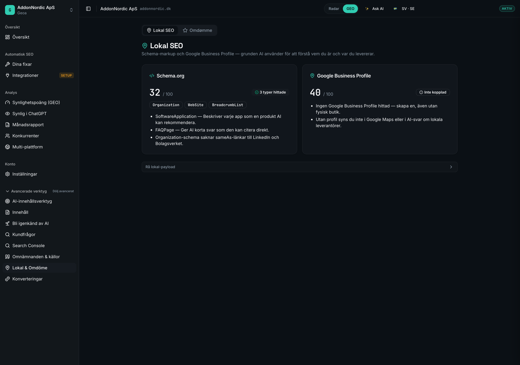 Lokal SEO i Geoa — Schema.org och Google företagsprofil