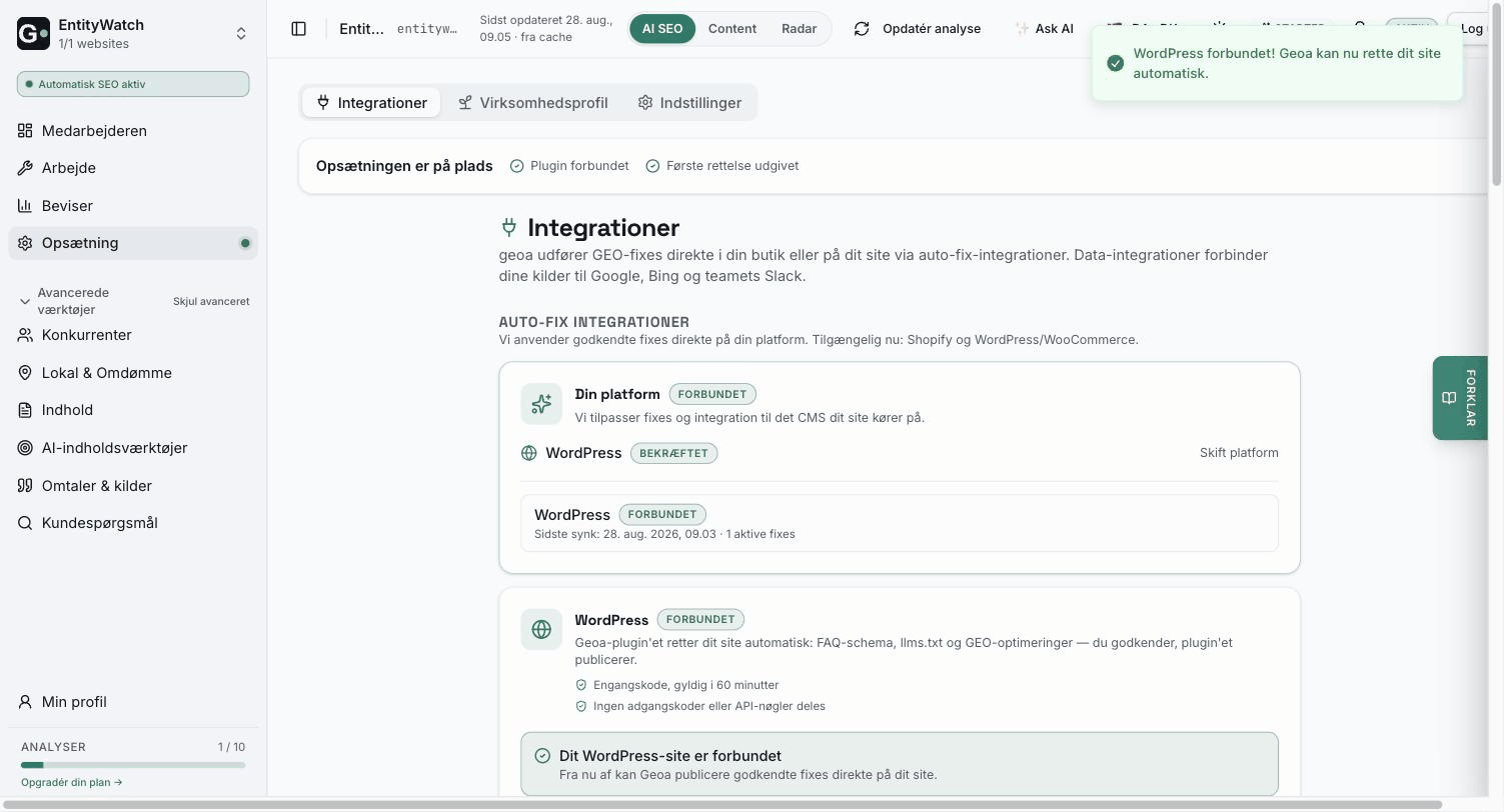 Opsætningen i Geoa — WordPress forbundet og markedssignaler