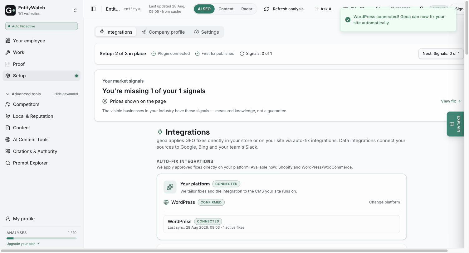 Setup in Geoa — WordPress connected and market signals