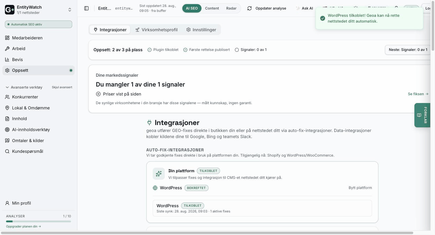 Oppsettet i Geoa — WordPress tilkoblet og markedssignaler