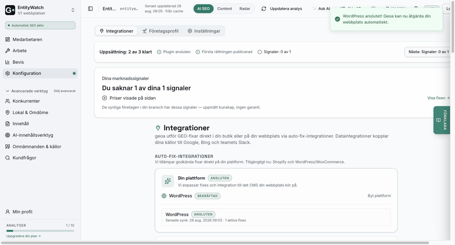 Konfigurationen i Geoa – WordPress ansluten och marknadssignaler
