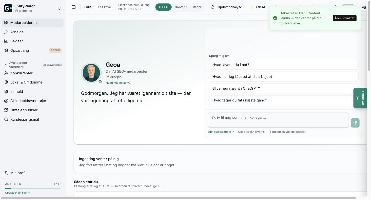 Beskjed i Geoa: 'Utkastet er klart i Content Studio — det venter på din godkjenning' med knappen Åpne utkastet